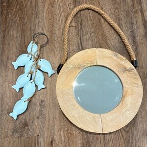 Wooden Mirror with Blue Fish Keychain